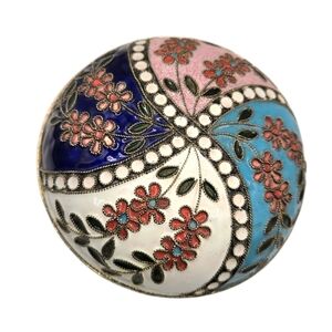 Vintage Hand Painted Cloisonne Enamel Round Trinket Box Domed Lid Floral Motif